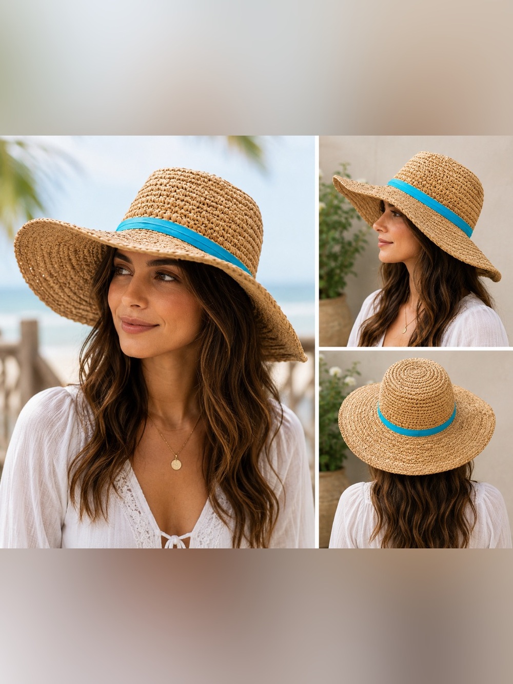 Lola Hats Raffia Floppy Sun Hat Natural Straw Turquoise Band Brim 4” Women's 21"